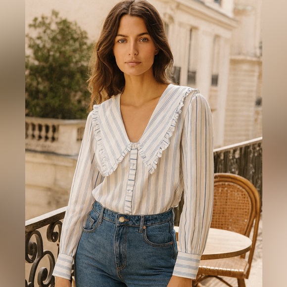 Anthropologie Maeve Ruffled Collar Buttondown Long Sleeve White Striped Size 12 - Picture 1 of 12
